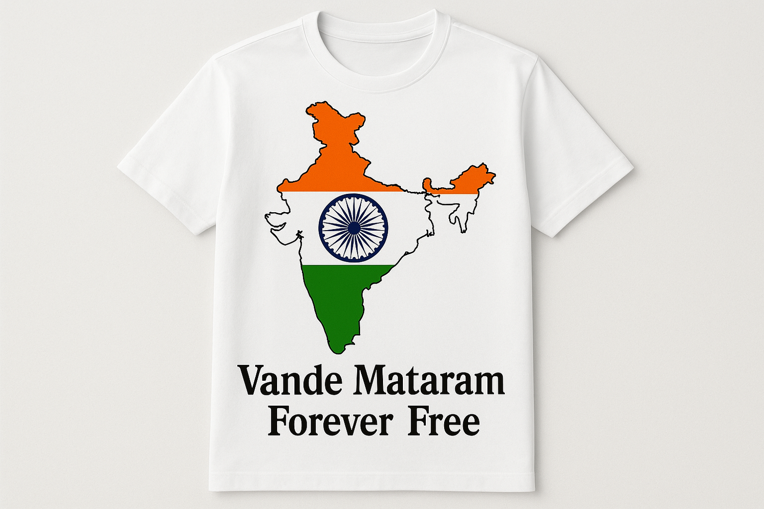 generate a uniuque image of a T-shirt including "Indian Map in Tri-color on it (saffron, White, green with ashok chakra in the middle) with atypography below this Map "Wande Mataram.....Forever Free", 300 DPI, VECTOR STYLE, remember that Tri-color, map & Ashok Chakra should be clearly visible on t-shirt. maintain high quality with eye catching design to add it in the section named "Image with Text" on my shopify store.